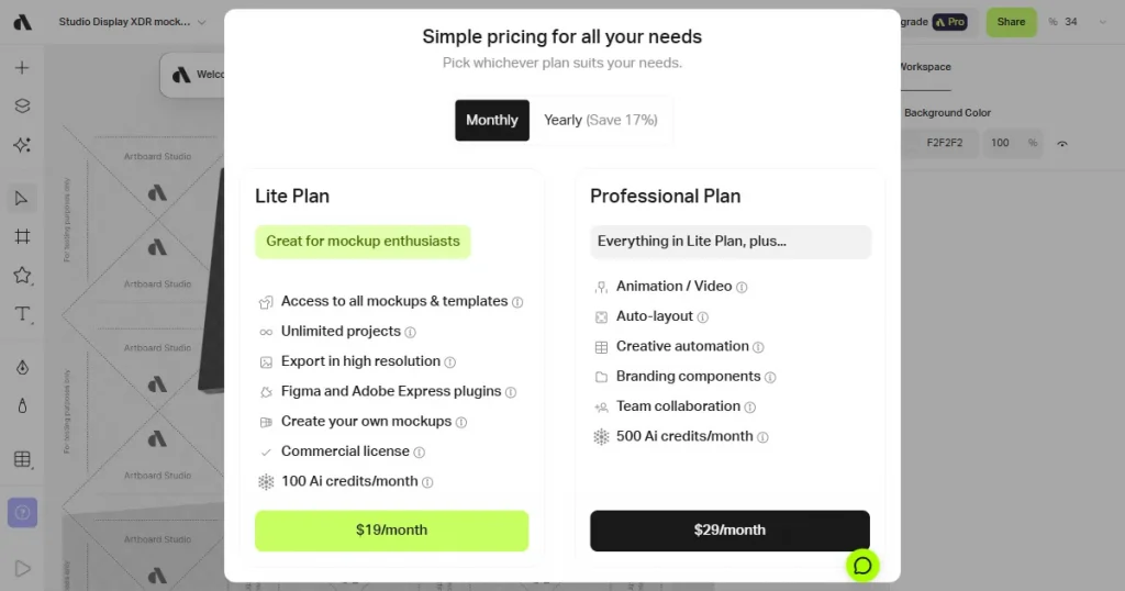 Artboard Studio’s pricing page
