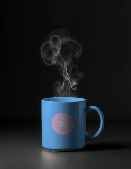 White Mug Mockup with Steam on Dark Background