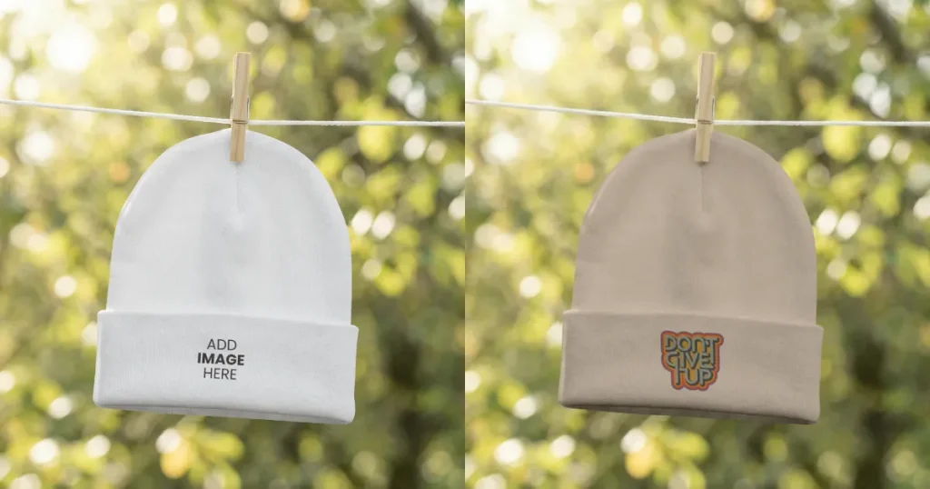 Beanie Mockup Template Hanging on Clothesline in Nature