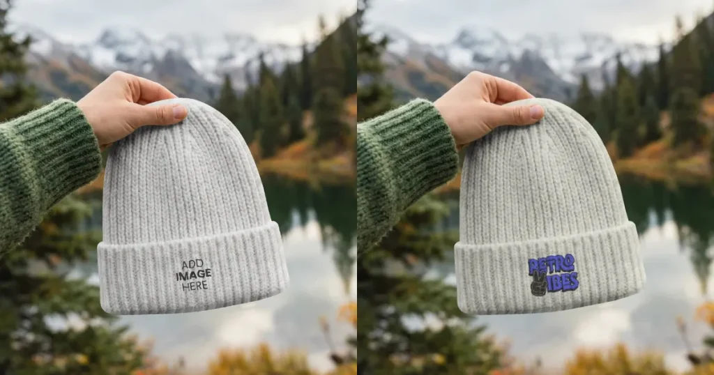 Woolen Knit Beanie Mockup in Autumn Landscape Setting