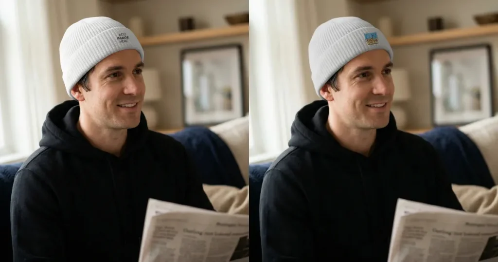 Beanie Mockup of a Young Man Reading a Newspaper