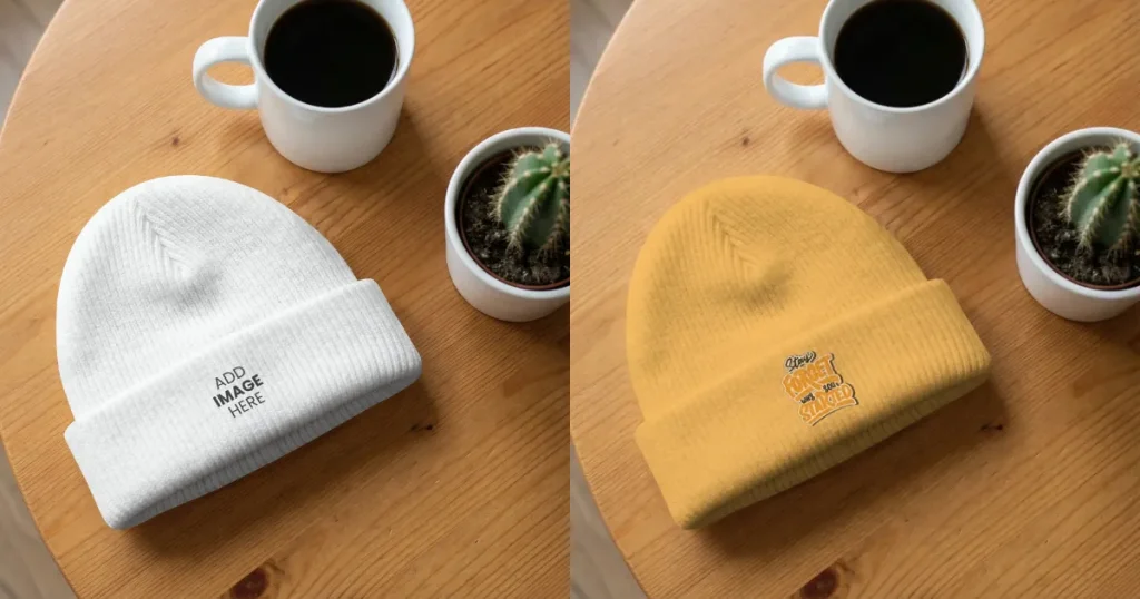Lifestyle Beanie Mockup with Coffee and Cactus