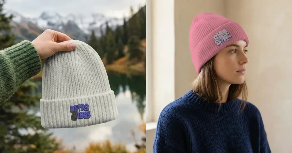 Front view beanie mockup in nature and side view beanie mockup indoors