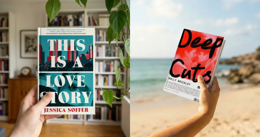 Two book mockups with bold illustrated cover designs