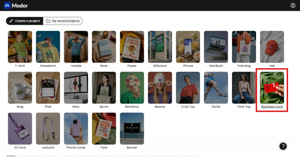 Modor business card mockup category selection guide