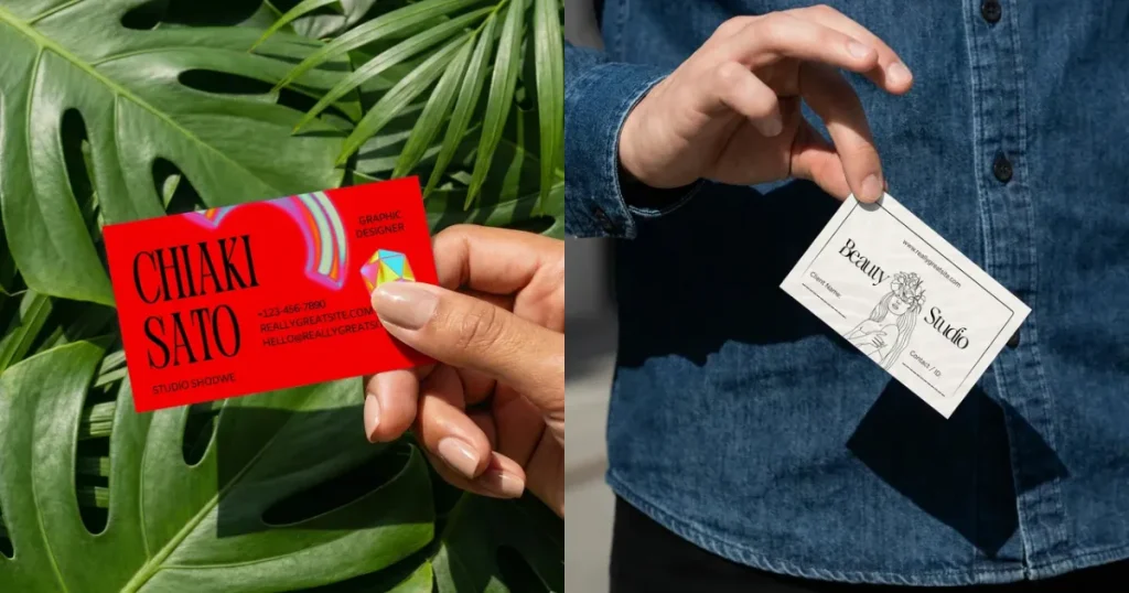 A lifestyle business card mockup with a hand-held business card mockup