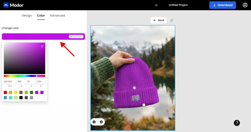 Guide to changing the color of a beanie mockup in Modor