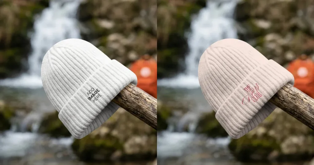 Beanie Mockup by a Serene Waterfall