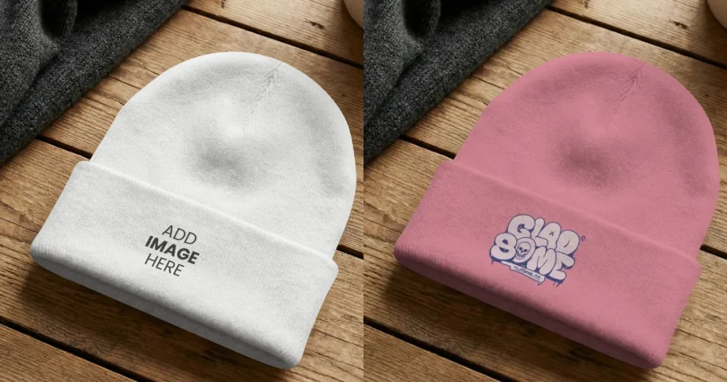 Winter Beanie Mockup Hats on a Wooden Table