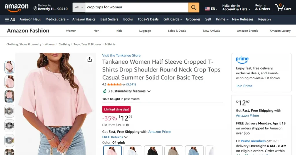 Amazon crop top product page