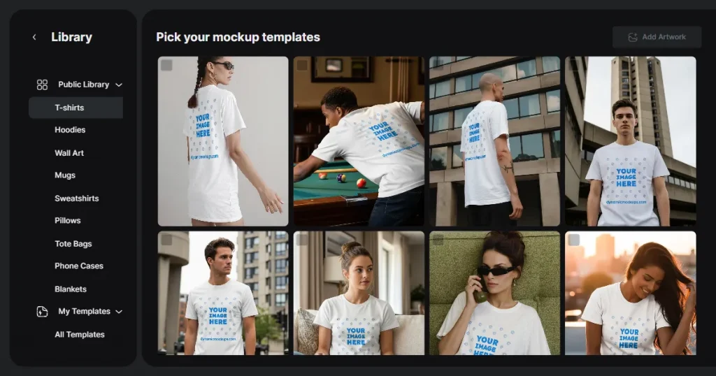Dynamic Mockups t-shirts template page