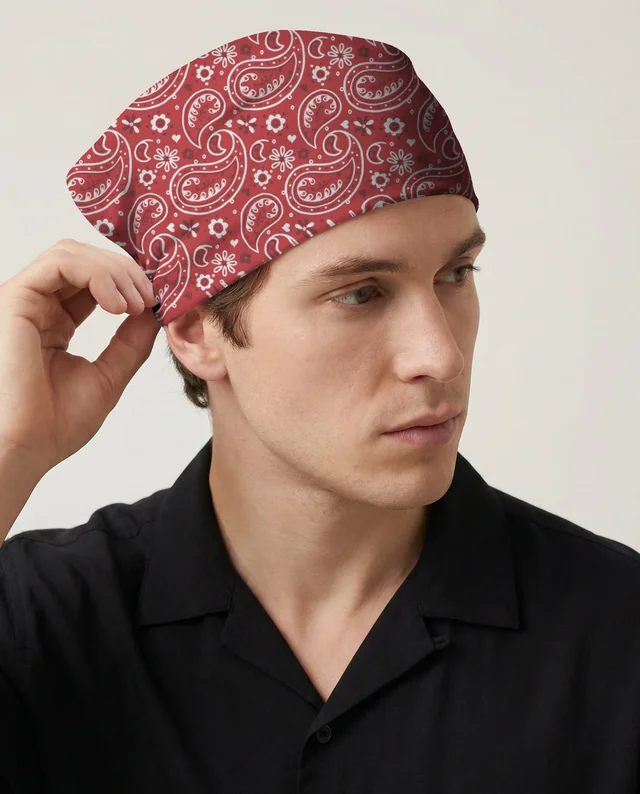 Man Wearing Red Paisley Bandana Mockup with Black Shirt