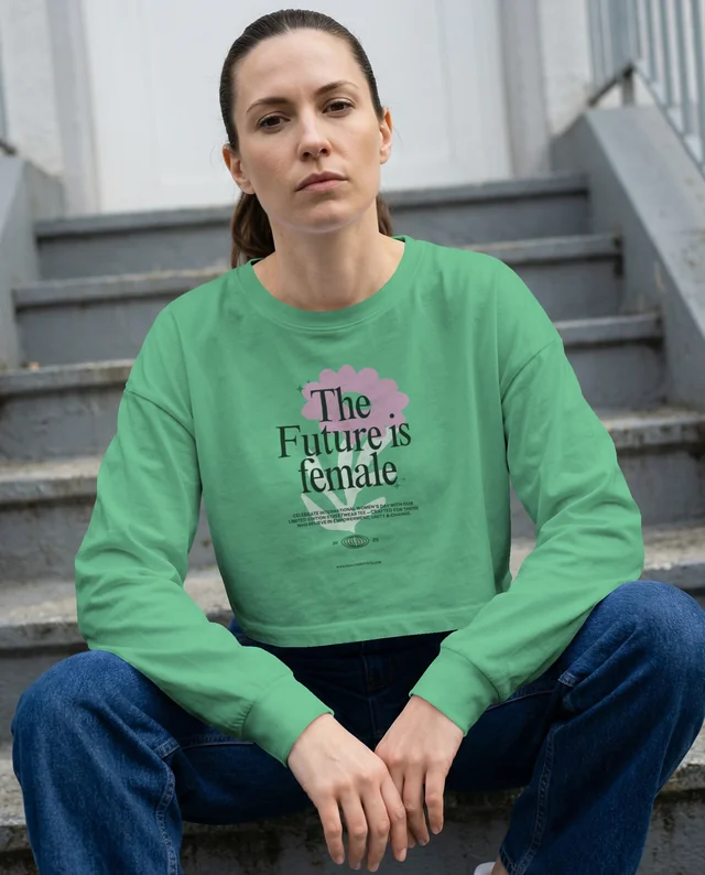 Urban Crop Top Mockup with Young Woman on Concrete Stairs