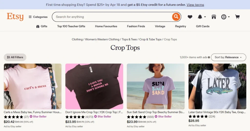 Etsy crop top store listings