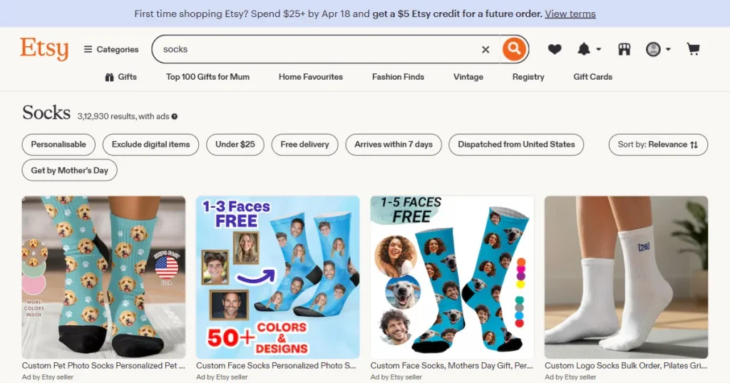 Etsy socks product listing