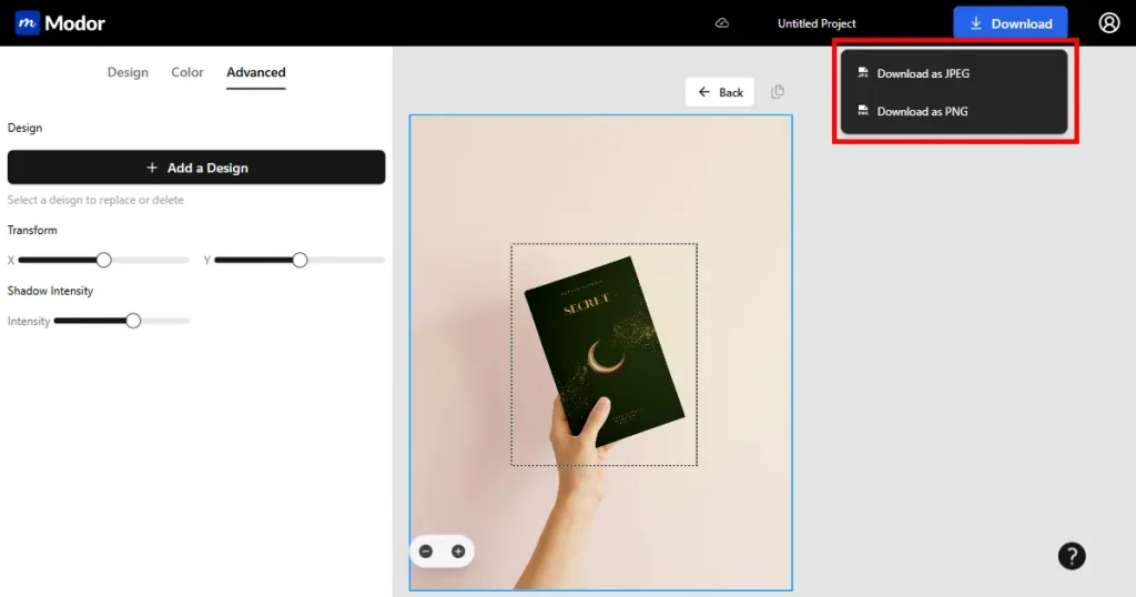 Exporting a book mockup from Modor