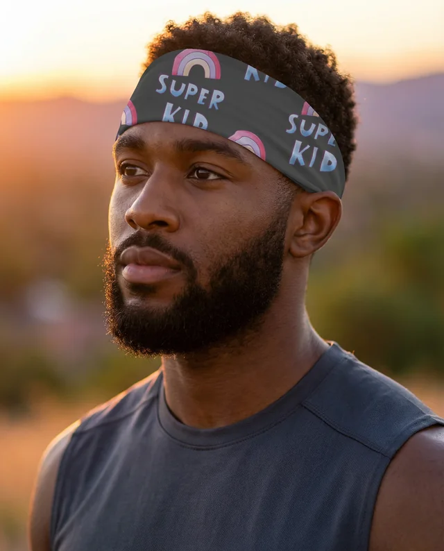 Man Wearing Super Kid Bandana Mockup at Sunset