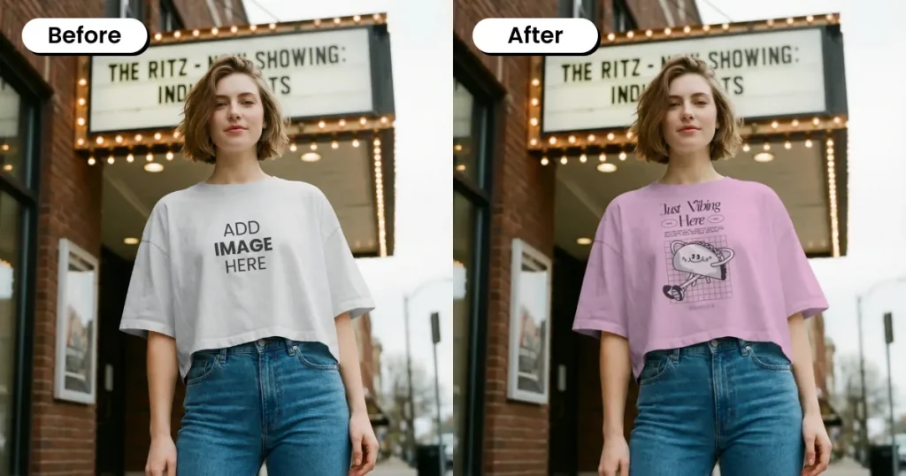 Female wearing a crop top in front of a movie theatre