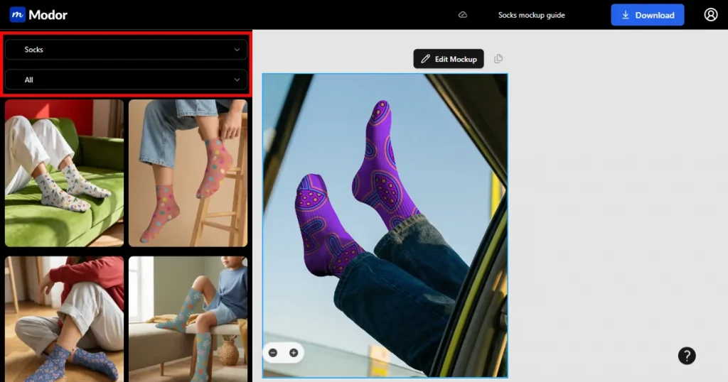 Selecting sock mockup templates inside a project