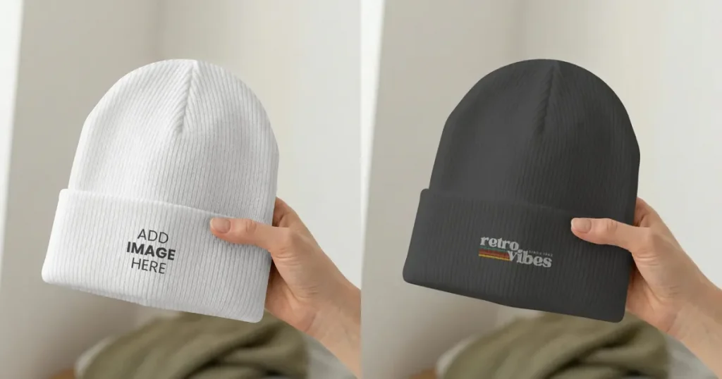 Black Beanie Mockup in a Living Room