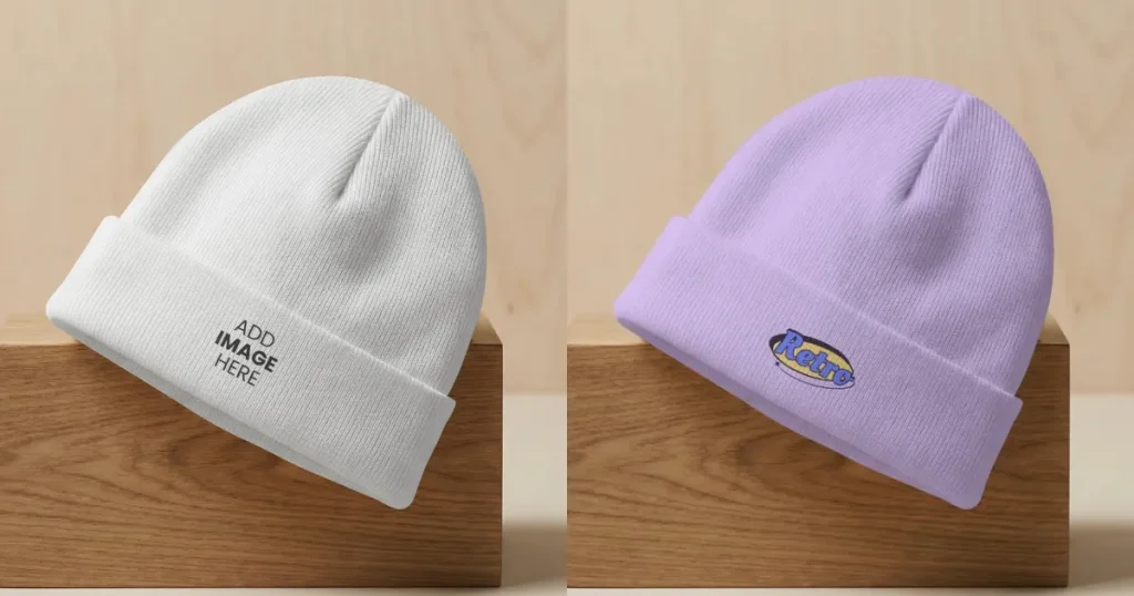 Winter Beanie Mockup on a Wooden Block