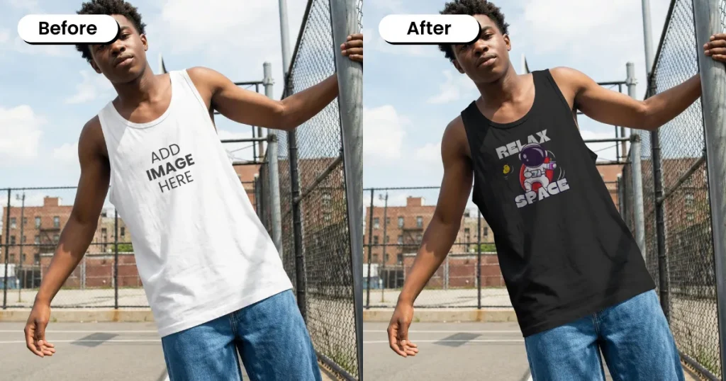 Guy wearing a tank top mockup holding a pole