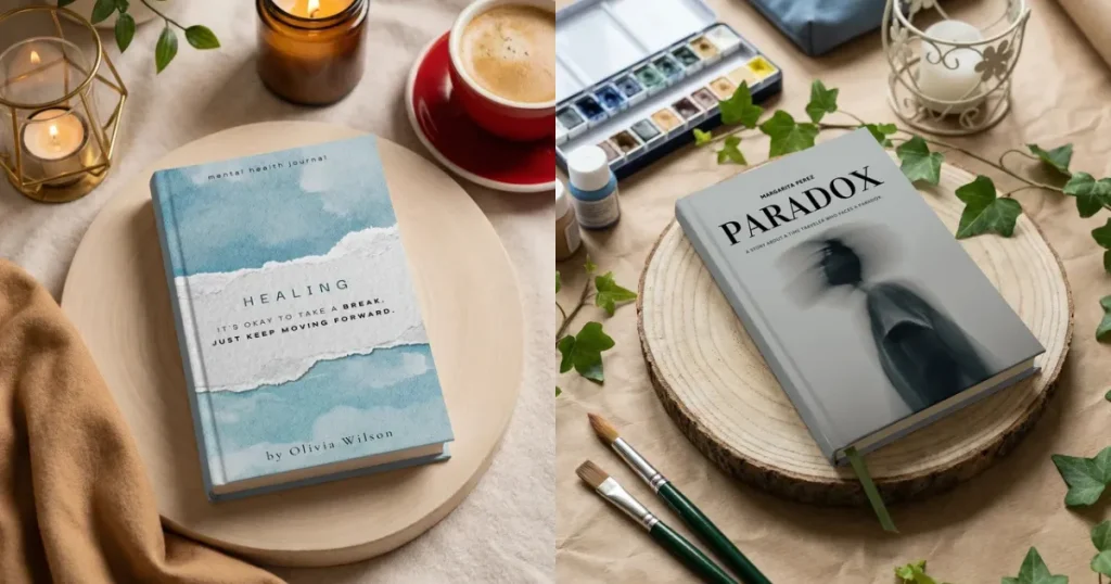 Two books displayed on round wooden plates in a flat lay style