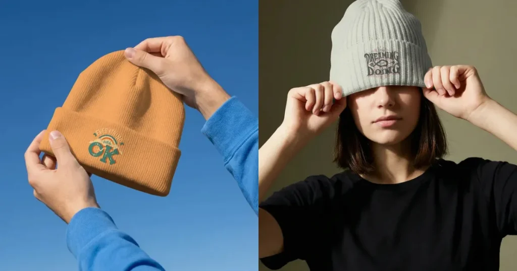 Side-by-side image of a beanie mockup against the sky and an on-model beanie mockup