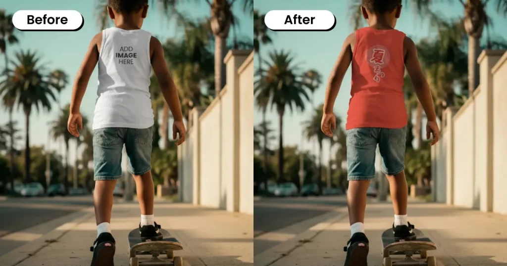 Kid riding a skateboard wearing a tank top