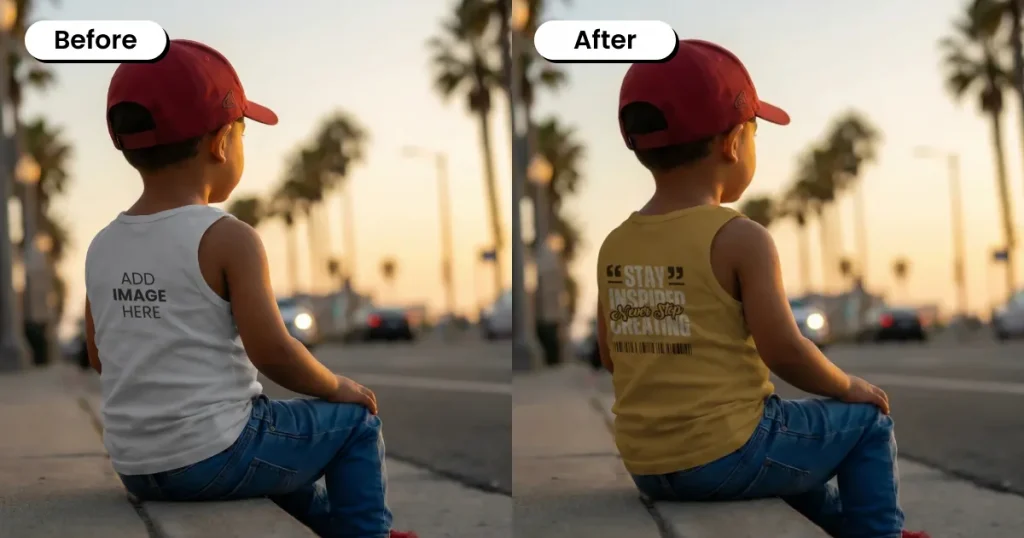Kid watching sunset wearing a tank top mockup