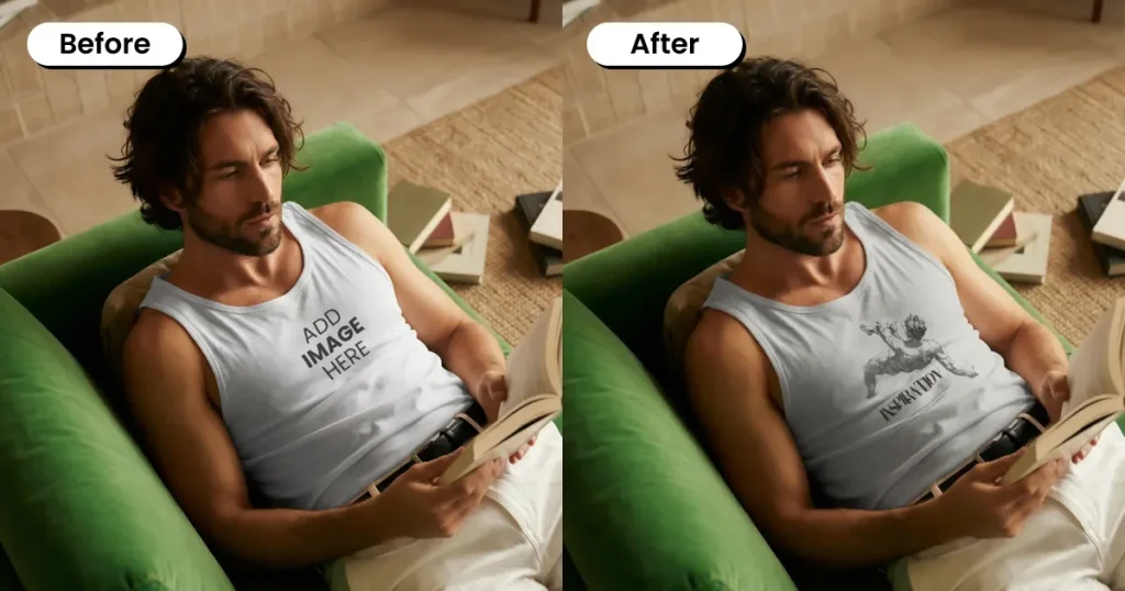 Man reading a book on a sofa, wearing a tank top