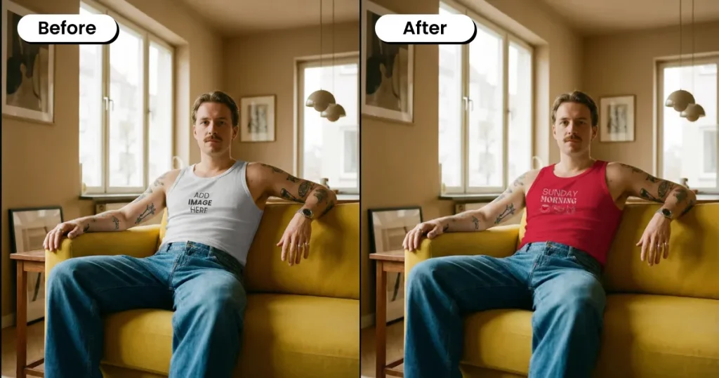 Man sitting on a sofa wearing a tank top