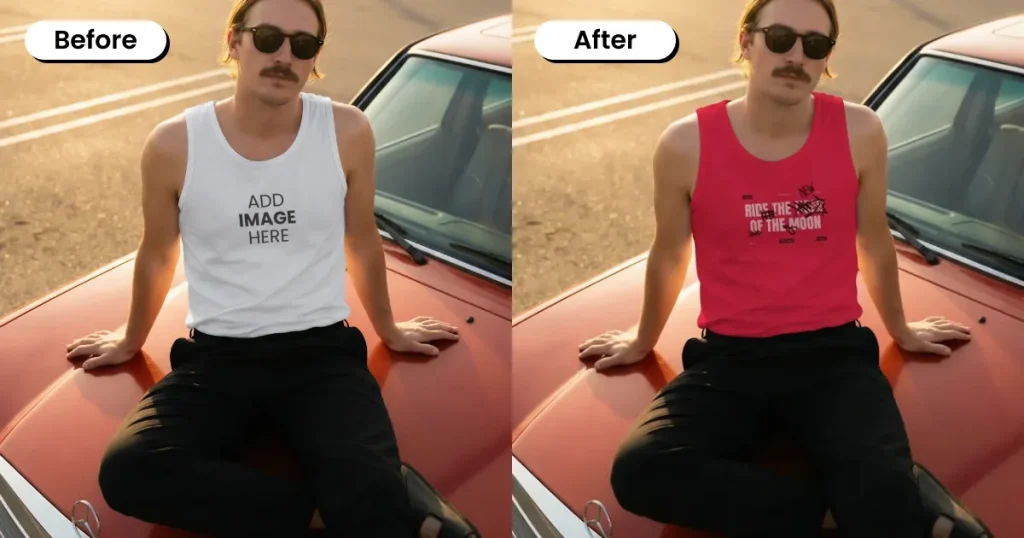 Man sitting on top of a vintage car wearing a tank top mockup