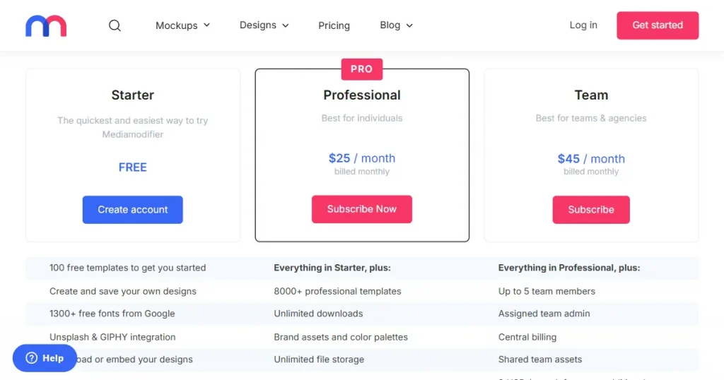 Mediamodifier’s pricing page