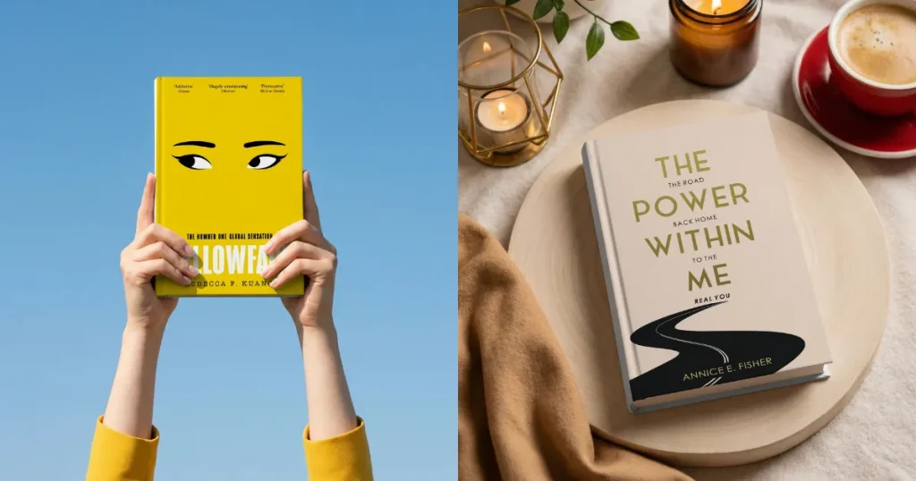 Two book mockups with minimalist typography cover design