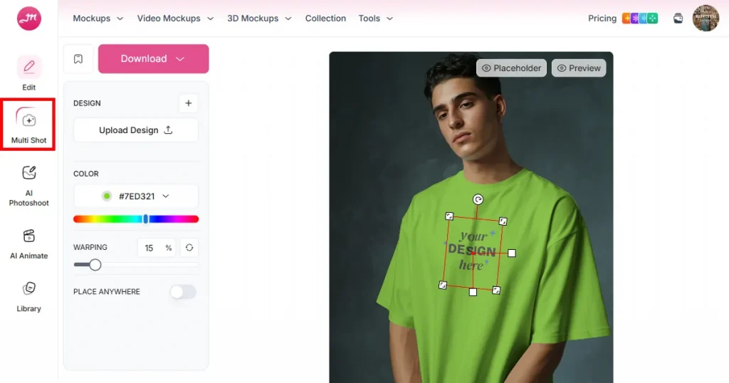 Highlighting the Mockey AI Multishot feature inside the editing dashboard page