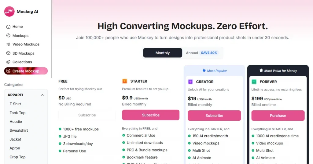 Mockey AI pricing page