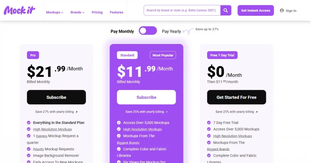 Mockit pricing page