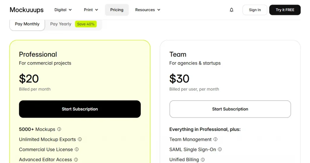 Mockuuups Studio pricing page