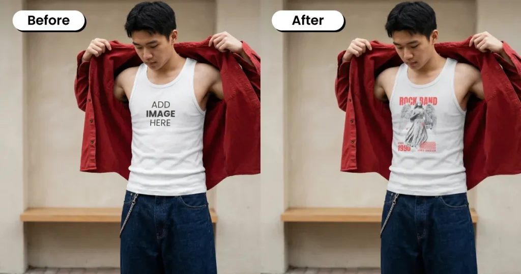 Model wearing a shirt on top of a tank top