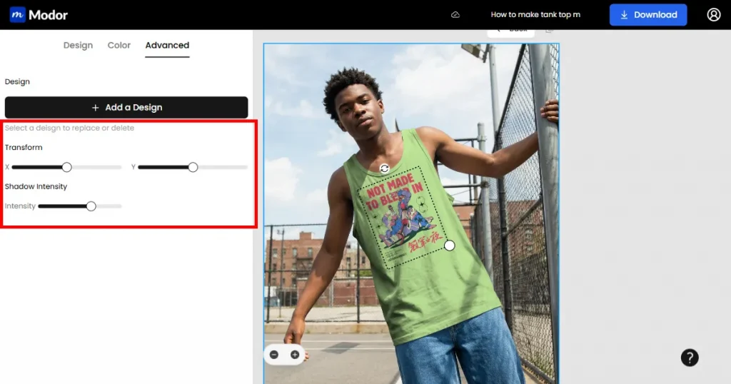 Alt text: Highlighting Modor's advanced tools in a tank top mockup project
