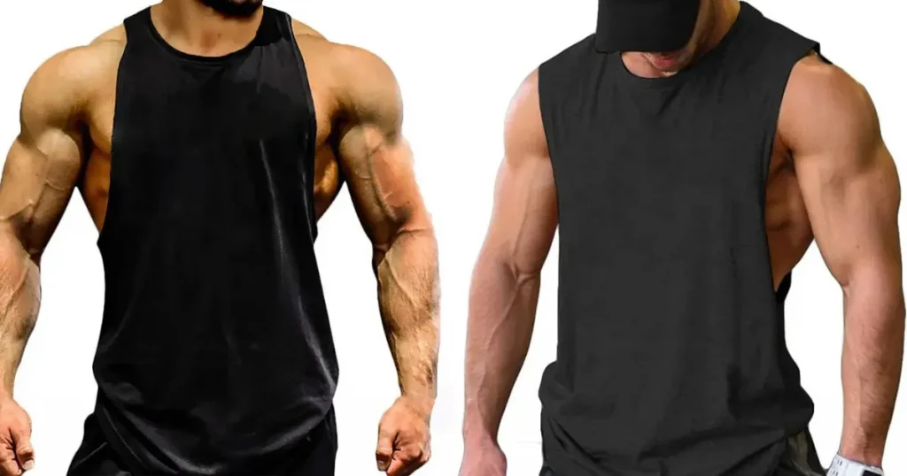 Model wearing a sleeveless muscle tank top