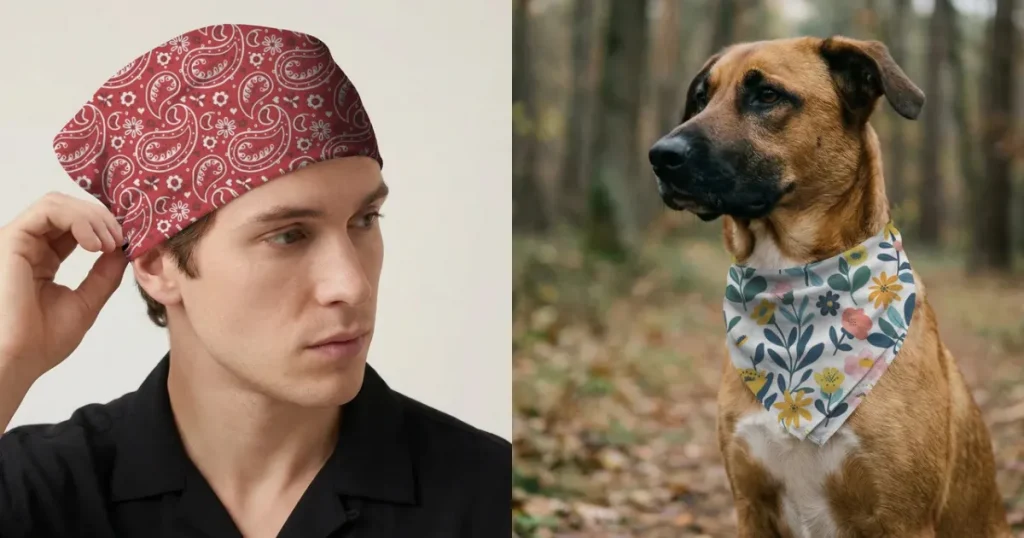 Paisley pattern bandana mockup of a man and a dog