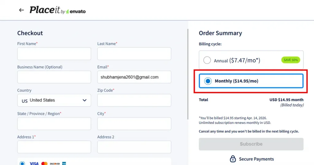 Placeit checkout page