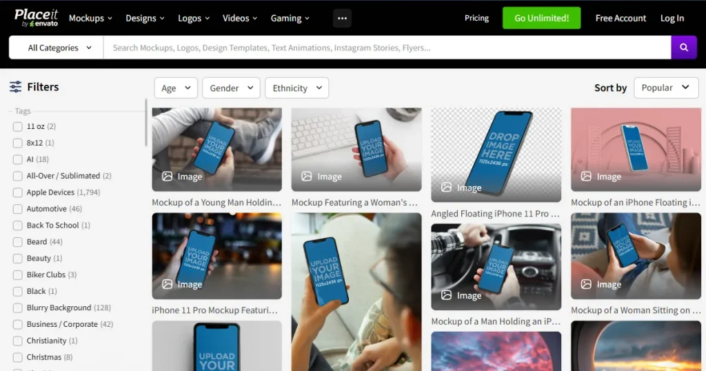 Placeit’s iPhone template page
