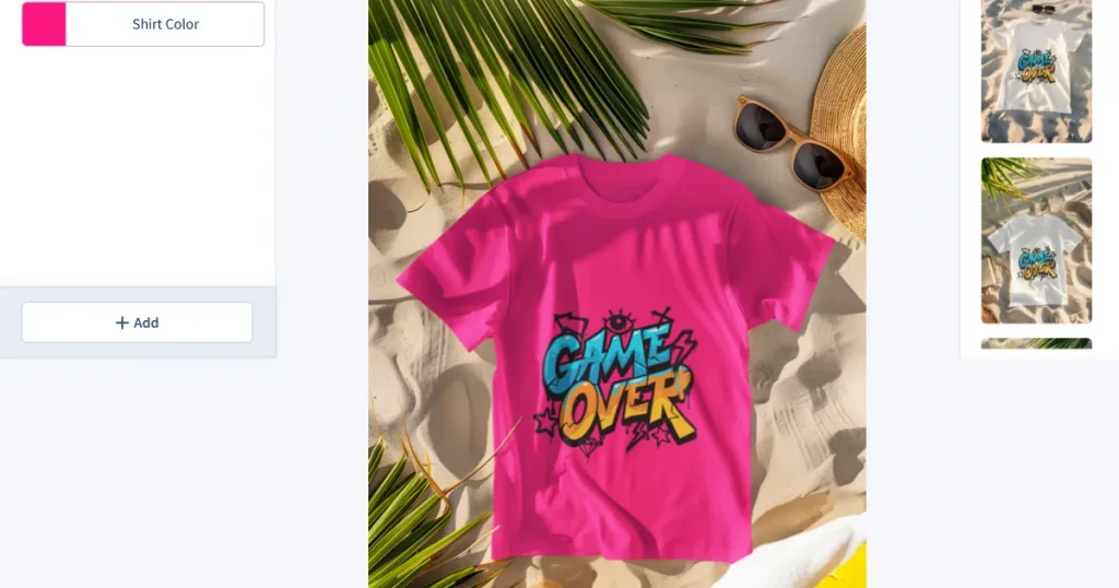 Placeit mockup editor showing a pink t-shirt mockup design