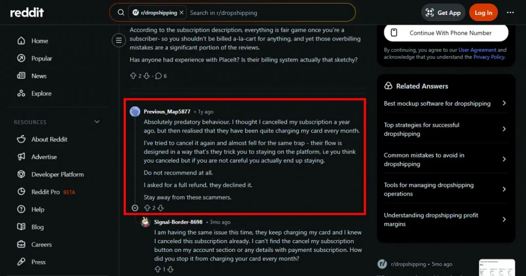 Reddit comment about cancellation problems on Placeit
