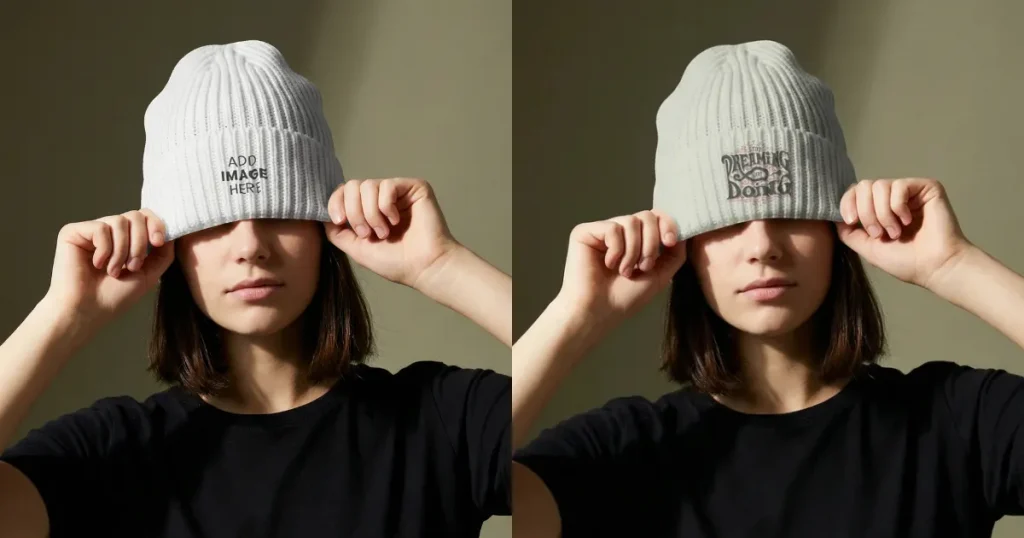 Young Woman in Ribbed Woolen White Beanie Mockup