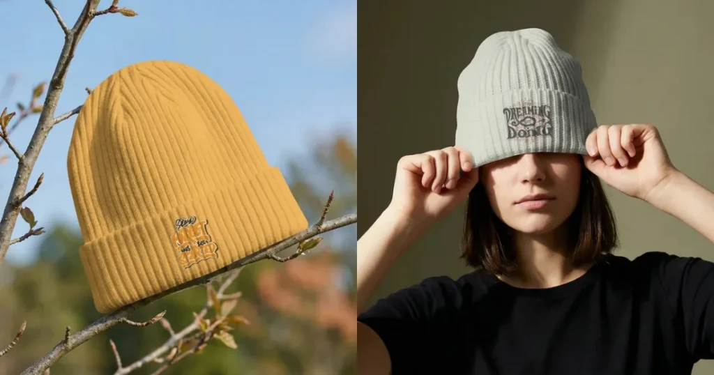 Side-by-side images of a beanie mockup in nature and a model beanie mockup