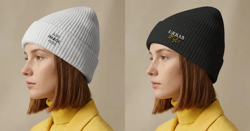 Black Beanie Mockup of Woman in Yellow Sweater